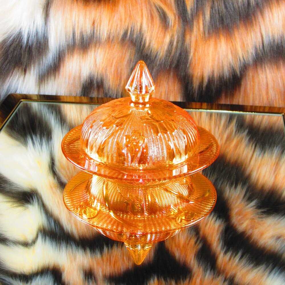 Jeannette Glass Iris & Herringbone Marigold Iridescent Butter Dish with Lid